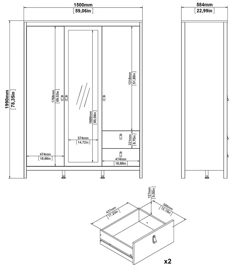 Черен гардероб с огледало 150x199x58 cm Madrid – Tvilum