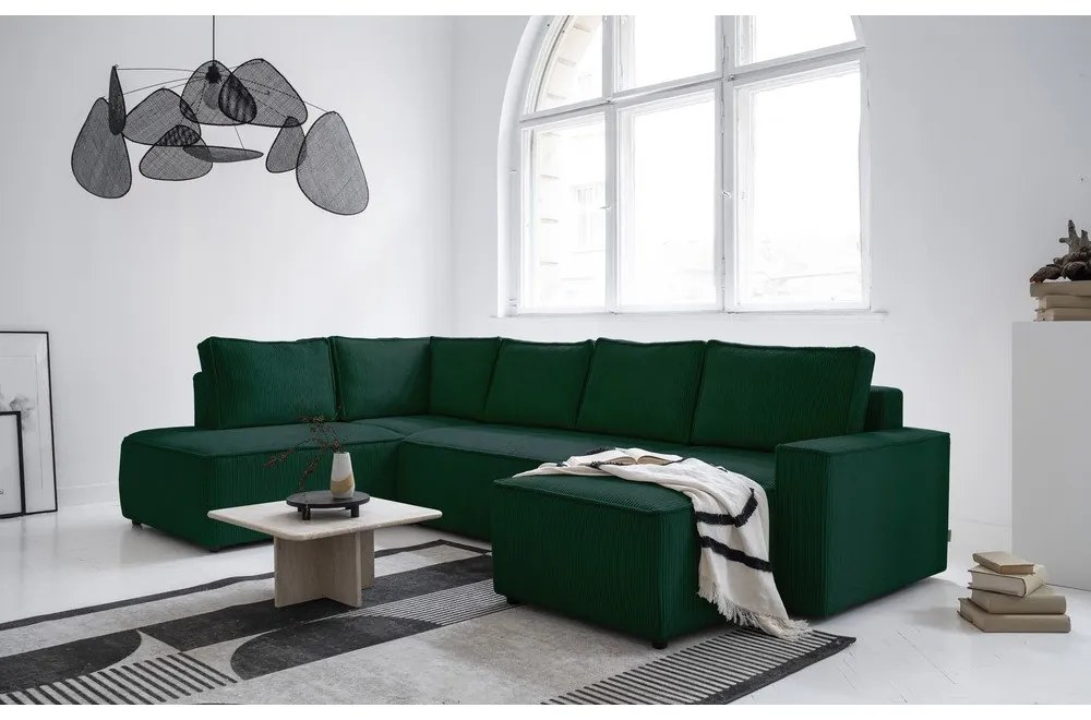 Тъмнозелен разтегателен ъглов диван от рипсено кадифе (ляв ъгъл/"U" форма) Brave Dave – Miuform