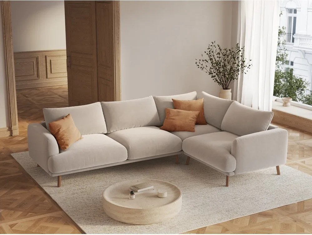 Бежов кадифен ъглов диван (десен ъгъл/L форма) Naomi – Micadoni