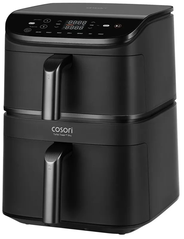 Двоен фритюрник с горещ въздух Cosori CAF-DC121 Turbo Tower, 2630W, 4.3/6.5 л, 7 програми, 30-230C, Сензорно управление, Таймер, Студени стени, Черен