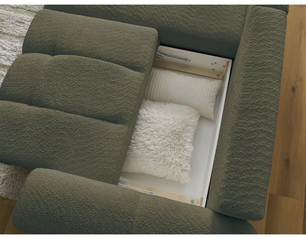 Сгъваем/с място за съхранение ъглов диван от прежда с примки от букле в цвят каки (ляв ъгъл) Roxelane – Bobochic Paris