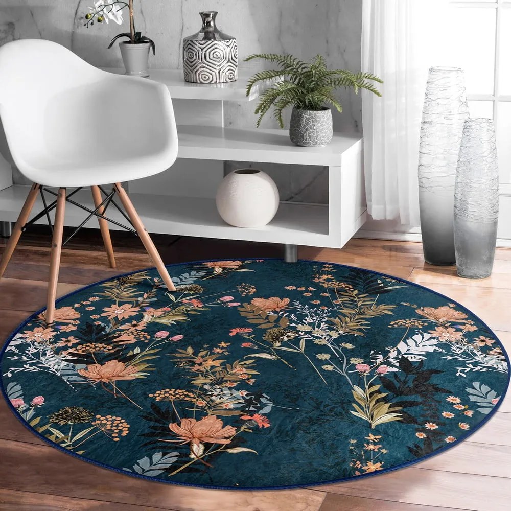 Тъмносин кръгъл килим подходящ за пране и за прахосмукачки роботи ø 100 cm Comfort – Mila Home