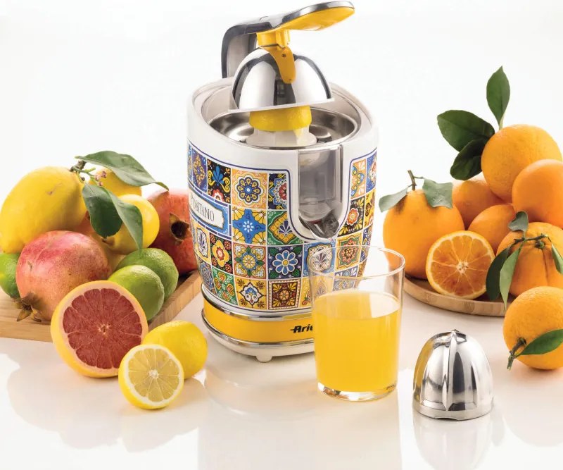 Цитрус преса Ariete Positano JUICER 0413/0P, 85W, Метално тяло, Безшумна работа, 2 приставки, Бял/Жълт
