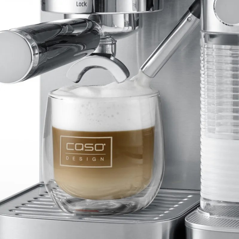 Еспресо машина Caso Gourmet Latte, 1350W, 20 bar, 1.3 л, ULKA, 6 програми, Предварително запарване, Портафилтър, ESE, Инокс