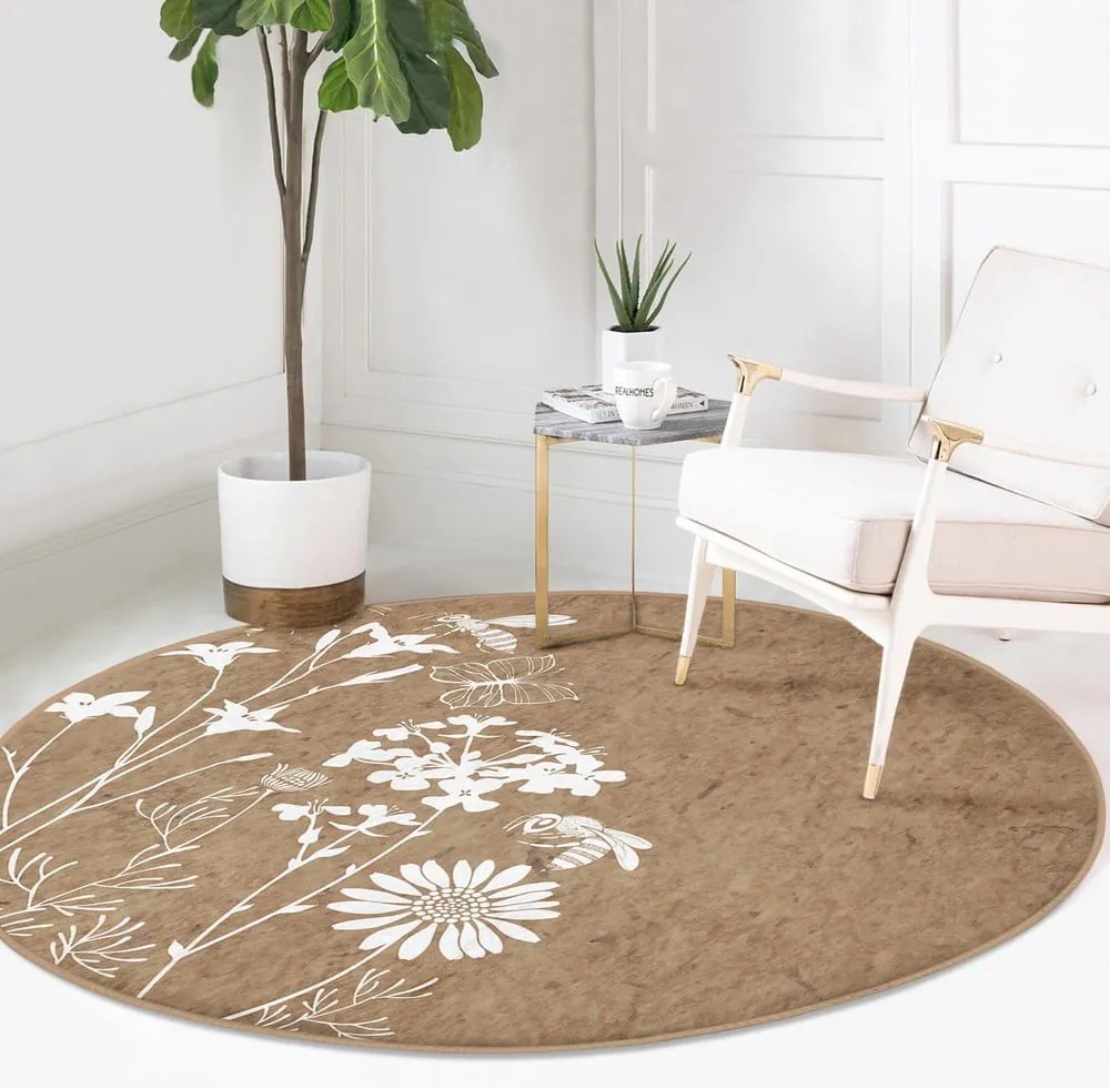 Светлокафяв кръгъл килим подходящ за пране и за прахосмукачки роботи ø 80 cm Comfort – Mila Home