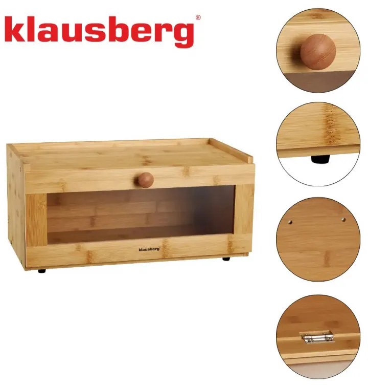 Кутия за хляб Klausberg KB 7924, 40 см, Акрилна предна част, Бамбук, Кафяв