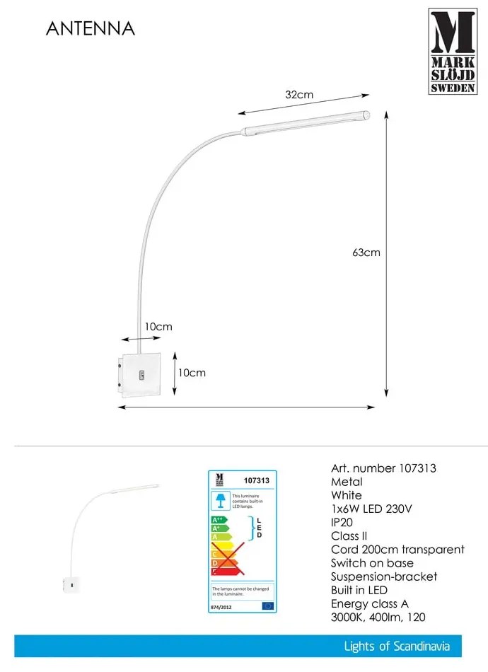 Бяла стенна лампа 1L Antenna - Markslöjd