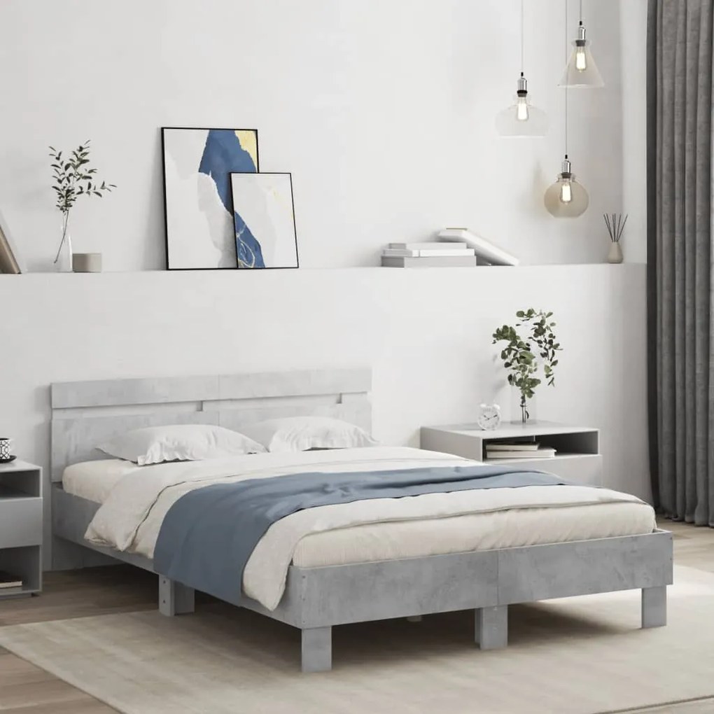 3207444 vidaXL Рамка за легло с табла, бетонно сива, 135x190см инженерно дърво