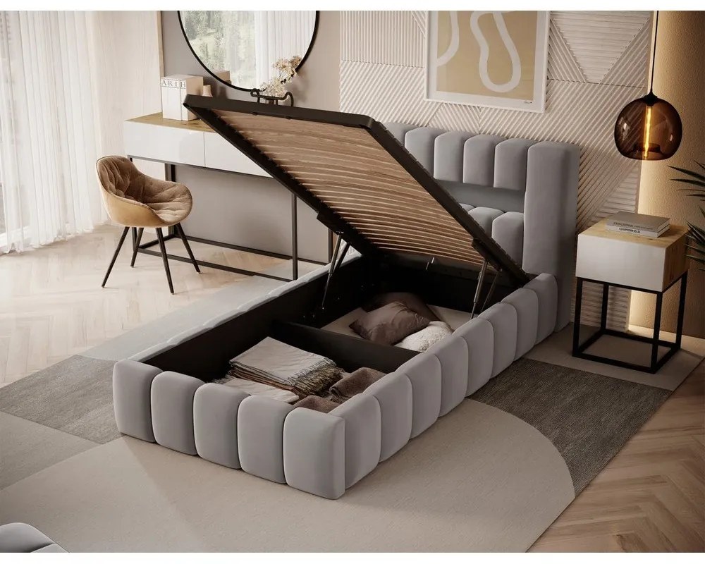 Сиво единично тапицирано легло с място за съхранение и включена подматрачна рамка 90x200 cm Lamica – ELTAP