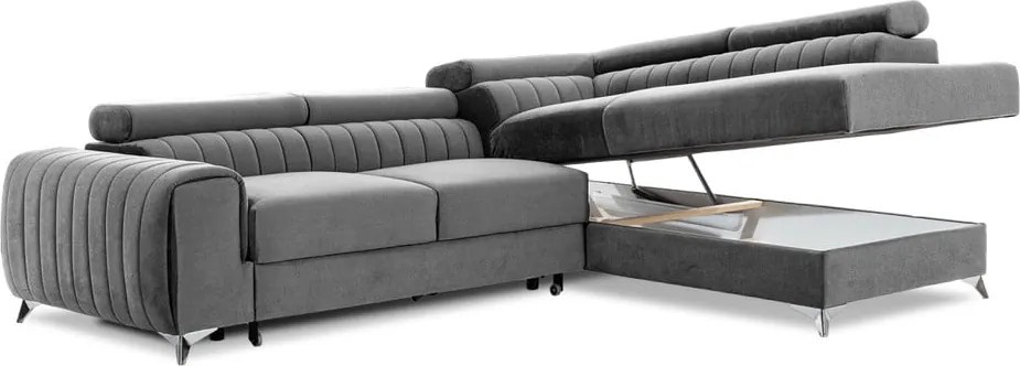 Сив кадифен разтегателен ъглов диван с място за съхранение (десен ъгъл L форма) Laurence – ELTAP