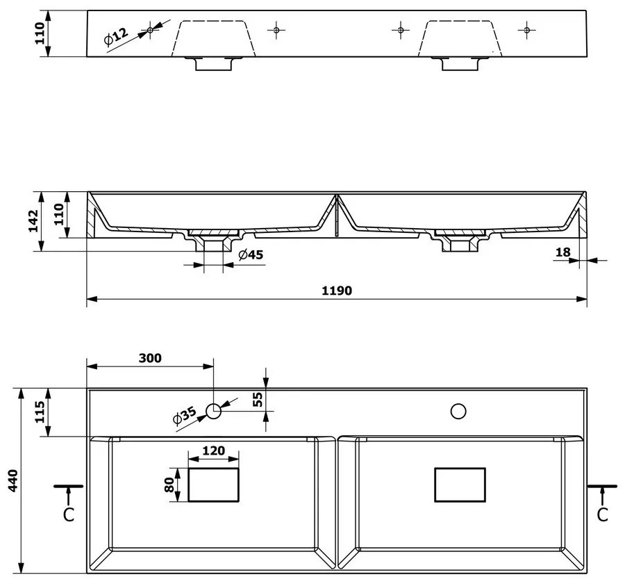 Бял двоен умивалник от отлят мрамор 119x44 cm Godiva – Sapho