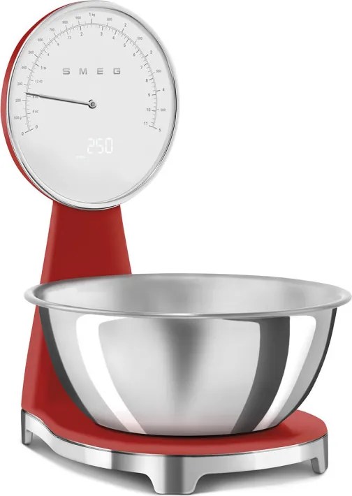 Кухненска везна Smeg KSF01RDWW, Аналогов и дигитален дисплей, До 5 кг/5 л, ТАРА, LED дисплей, Противоплъзгаща се основа, Автономия до 36 часа, Червен