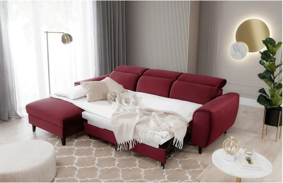 Червен кадифен разтегателен ъглов диван с място за съхранение (ляв ъгъл) Foble – ELTAP