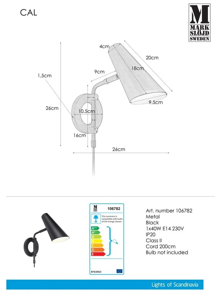 Черна стенна лампа за контакт ø 9,5 cm Cal – Markslöjd
