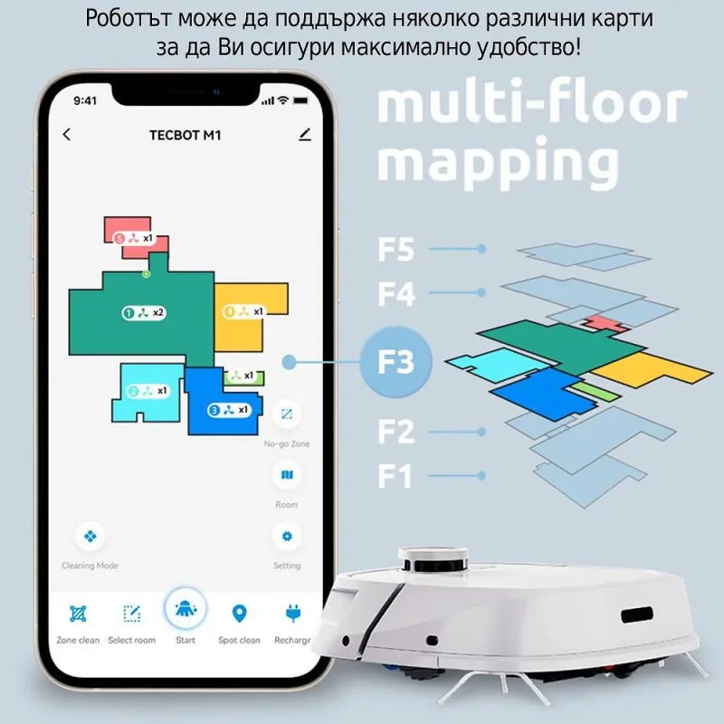 Прахосмукачка робот Tecbot M1, Li-ion 5200 mAh, 4000 Pa, 0.5 l, HEPA, Wi-Fi, Автономност до 160 мин, Подомиячка със самопочистващ моп, Бял