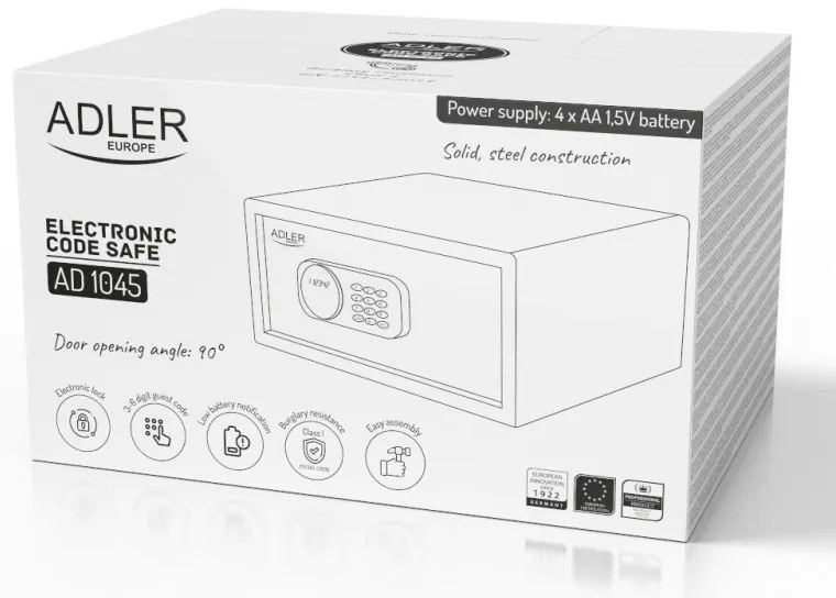 Електронен сейф Adler AD 1045, 200x420x370 мм, 14 л, Блокиране след 4 грешни опита, Предупреждение за изтощена батерия, Черен