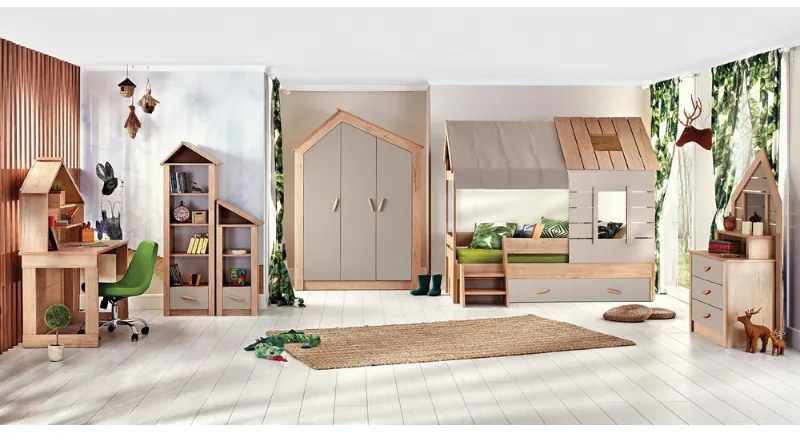 Детско бюро Carmen MY HOUSE, 120х149х60 см, 2 рафта, USB + Type C, Кафяв/натурален