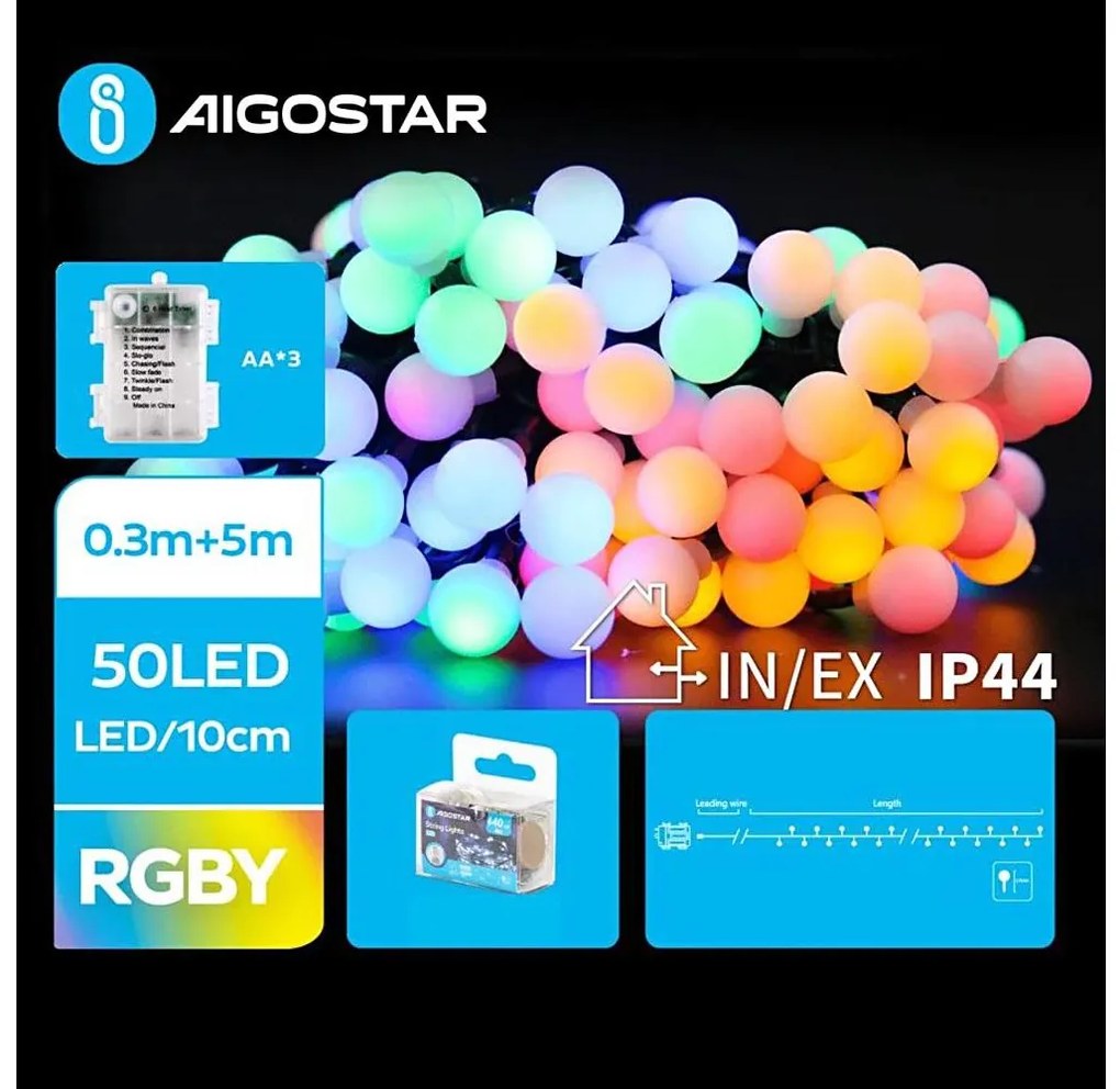 Aigostar - LED RGBY Екстериорен коледни лампички 50xLED/3xAA/8 функции 5,3 м IP44