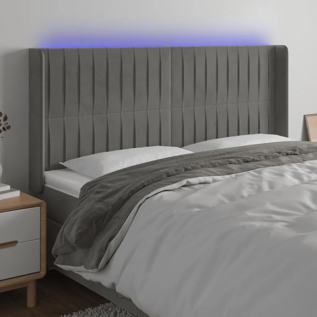 3124346 vidaXL LED горна табла за легло, светлосива, 183x16x118/128 см, кадифе