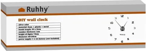 Декоративен стенен часовник Ruhhy, 3D цифри и безшумен механизъм, 60-130см
