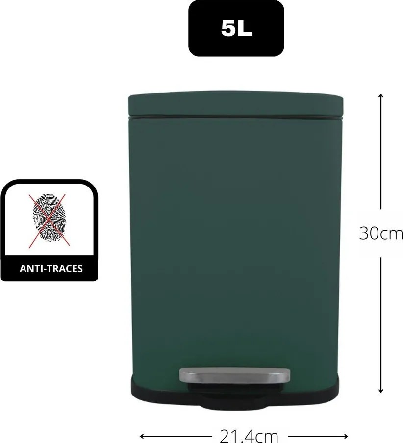 Тъмнозелено стоманено кошче за боклук с педал 5 l Akira – Spirella
