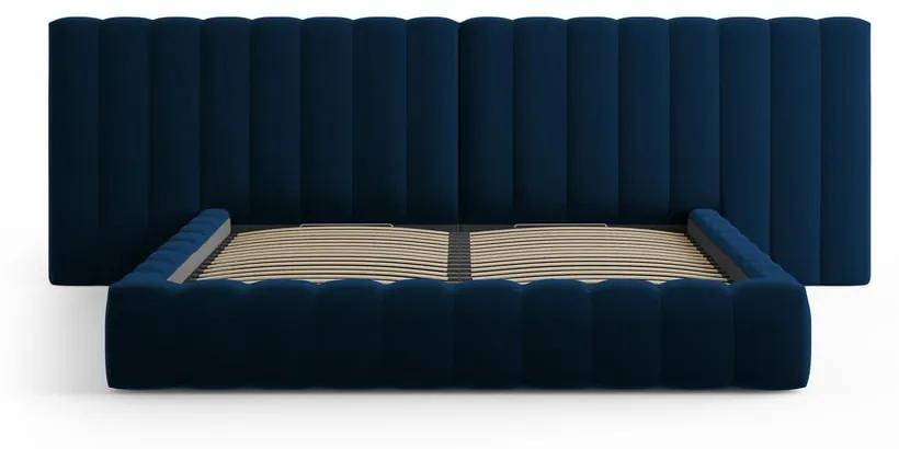 Тъмносиньо тапицирано двойно легло с място за съхранение и решетка 200x200 cm Gina - Milo Casa