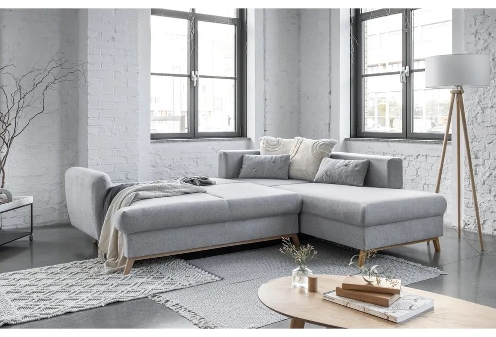 Светлосив разтегателен/с място за съхранение ъглов диван (десен ъгъл/L форма) Scandic Lagom – Miuform