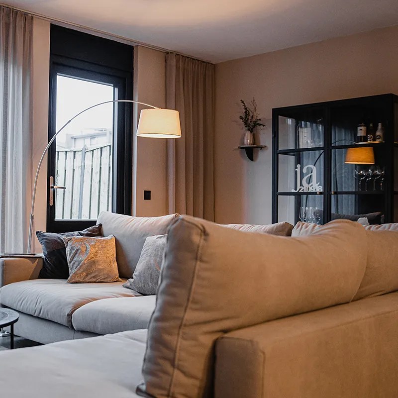 Модерна аркова лампа стомана с сив текстилен абажур - Arc Basic