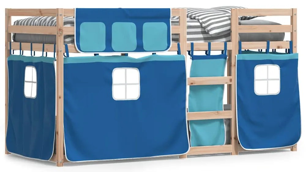 3283899 vidaXL Двуетажно легло със завеси синьо 80x200 см масивно борово дърво