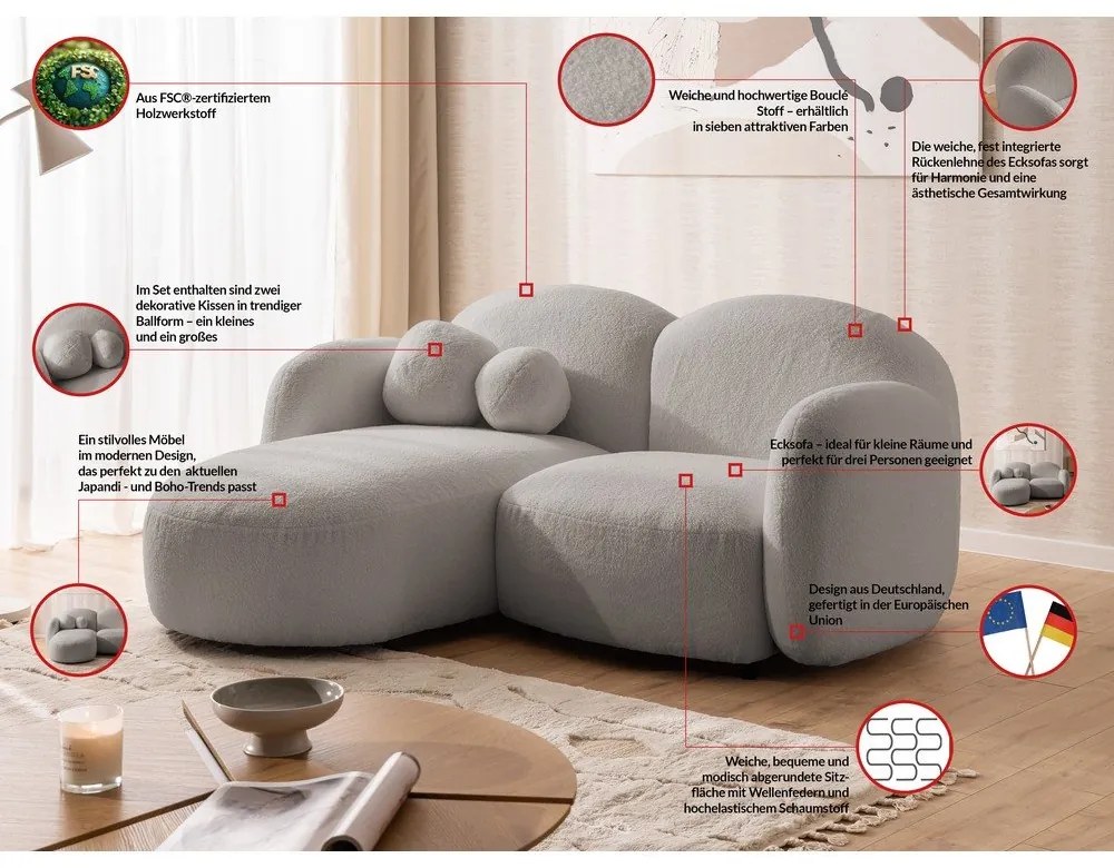 Сив ъглов диван от букле (ляв ъгъл) Orbit – Ropez