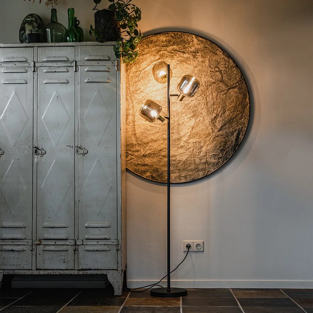 Подова лампа черна със злато с опушено стъкло 3-светлина - Zuzanna