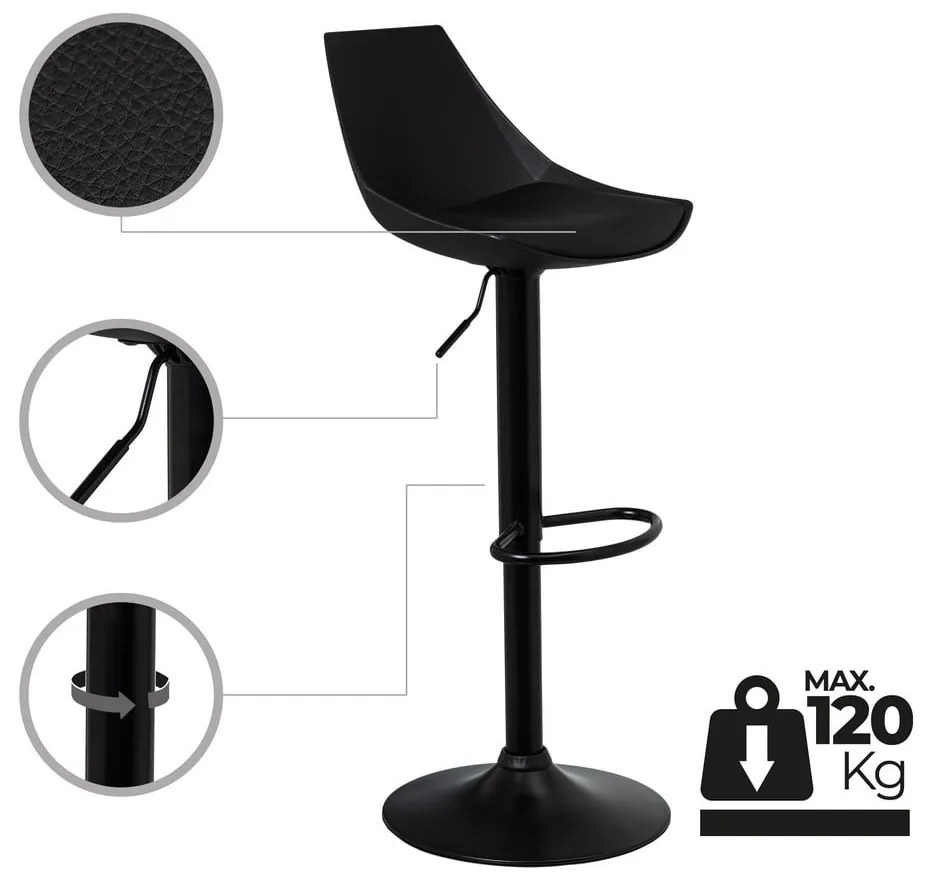 Черни бар столове в комплект от 2 бр. с регулируема височина от имитация на кожа (височина на седалката 56,5 cm) – Casa Selección