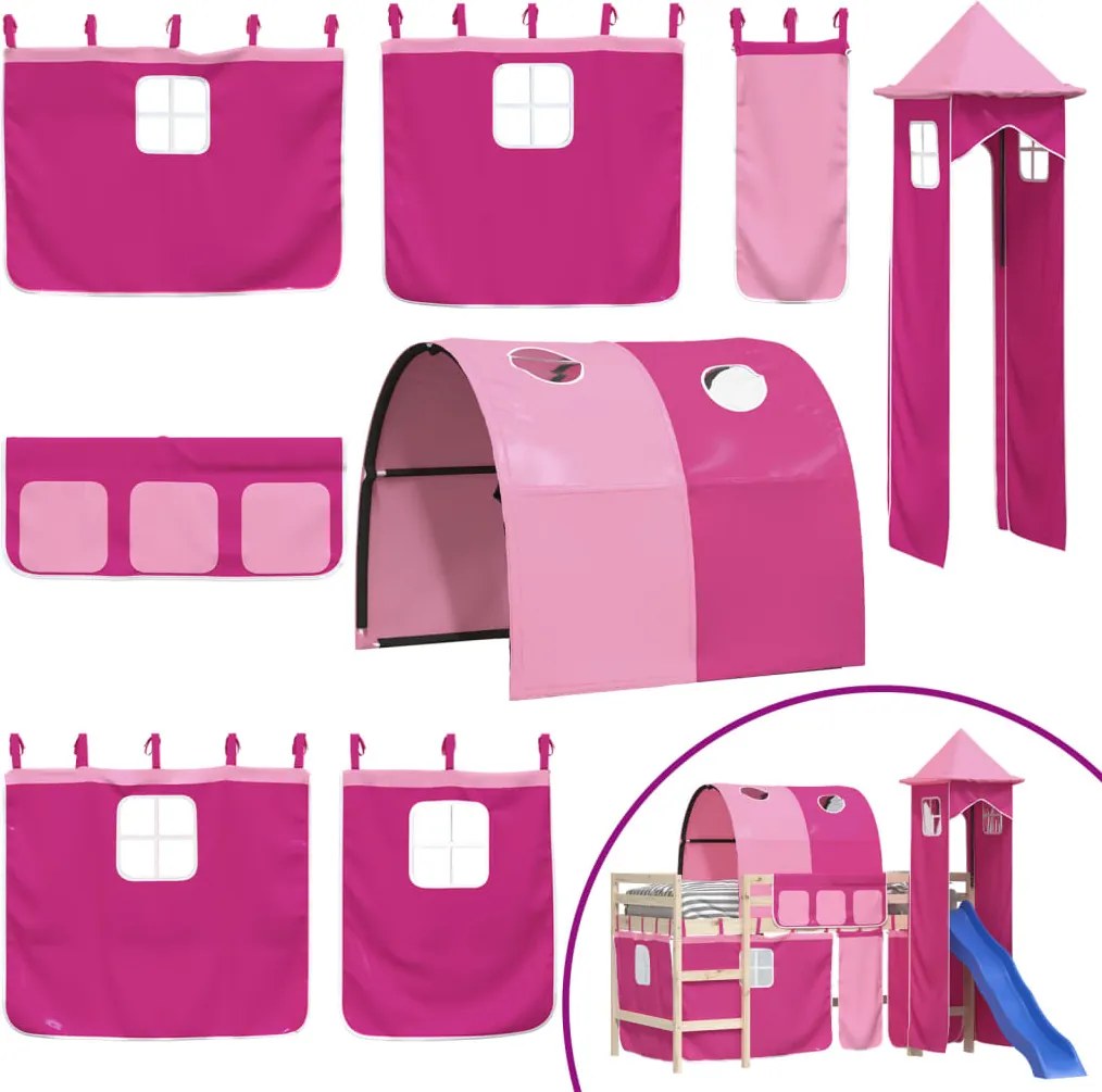 835921 vidaXL Завеси за високо легло с тунел и кула, розов