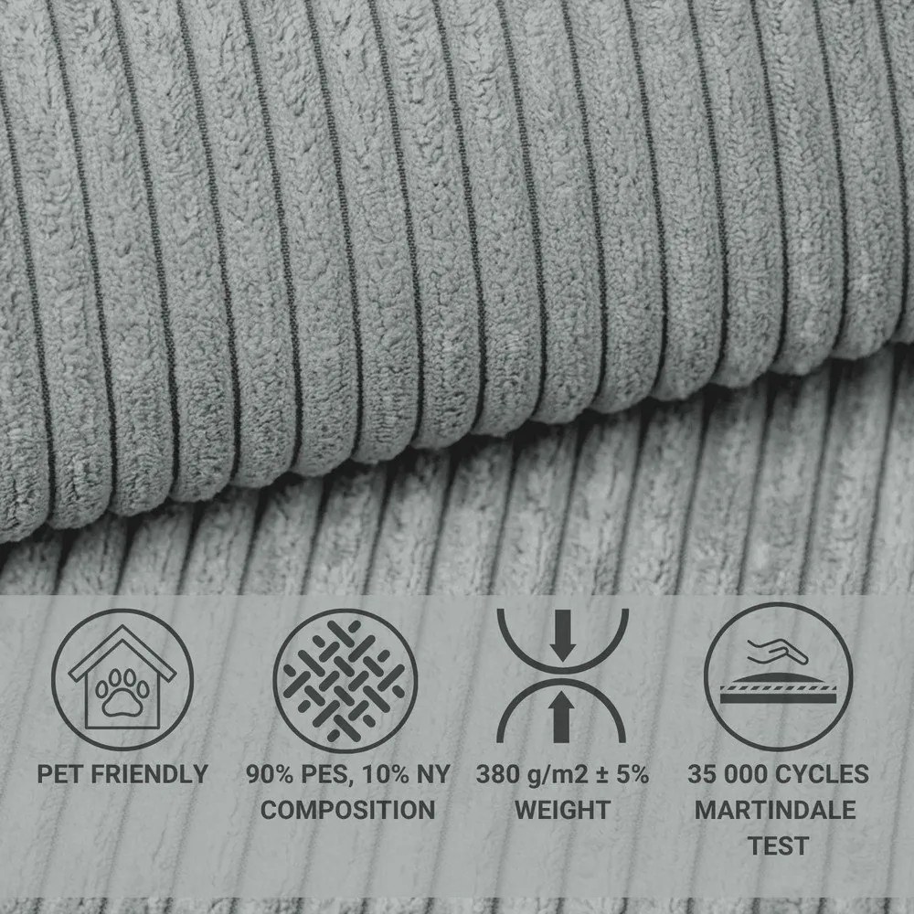 Сив сгъваем/с място за съхранение ъглов диван от рипсено кадифе (десен ъгъл/L форма) Tonga – Maison de Rêve