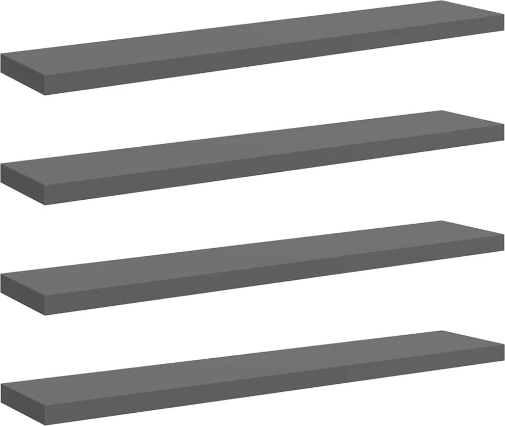323801 vidaXL Окачени стенни рафтове, 4 бр, сив гланц, 120x23,5x3,8 см, МДФ