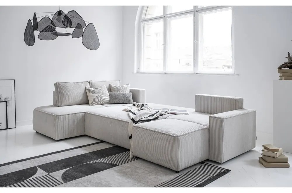 Бял разтегателен ъглов диван от рипсено кадифе (ляв ъгъл/"U" форма) Brave Dave – Miuform