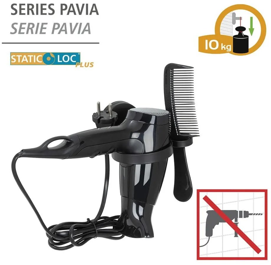 Черен държач за сешоар за стена Static-Loc® Pavia - Wenko
