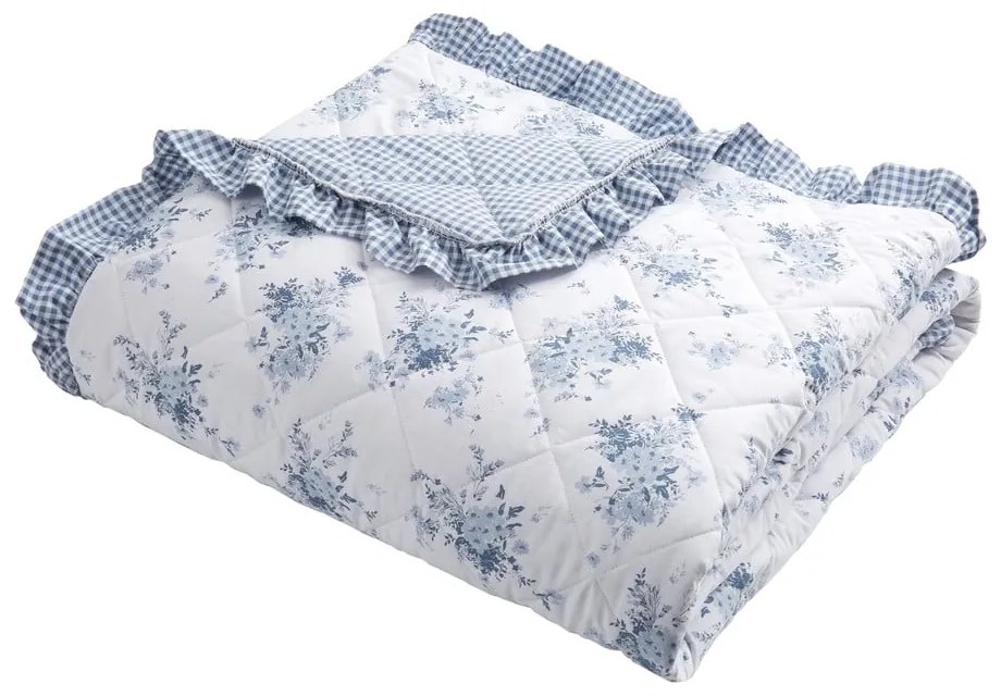 Бяло-синьо капитонирано покривало за легло 220x230 cm Lucie Floral Frill – Catherine Lansfield