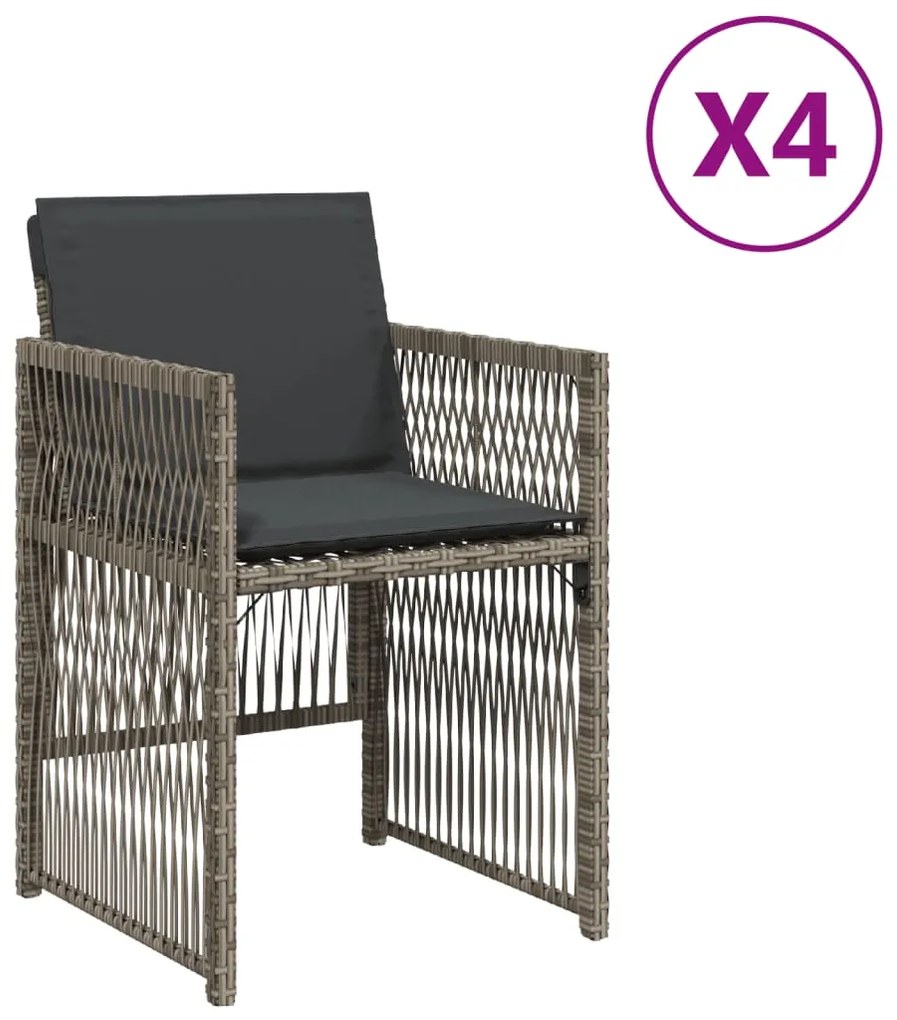 364968 vidaXL Градински столове с възглавници, 4 бр, сиви, полиратан