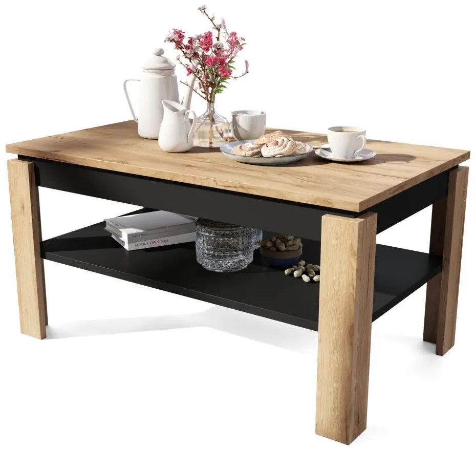 Разтегателна холна маса с повдигащ плот и рафт ADEN дъб крафт/черно