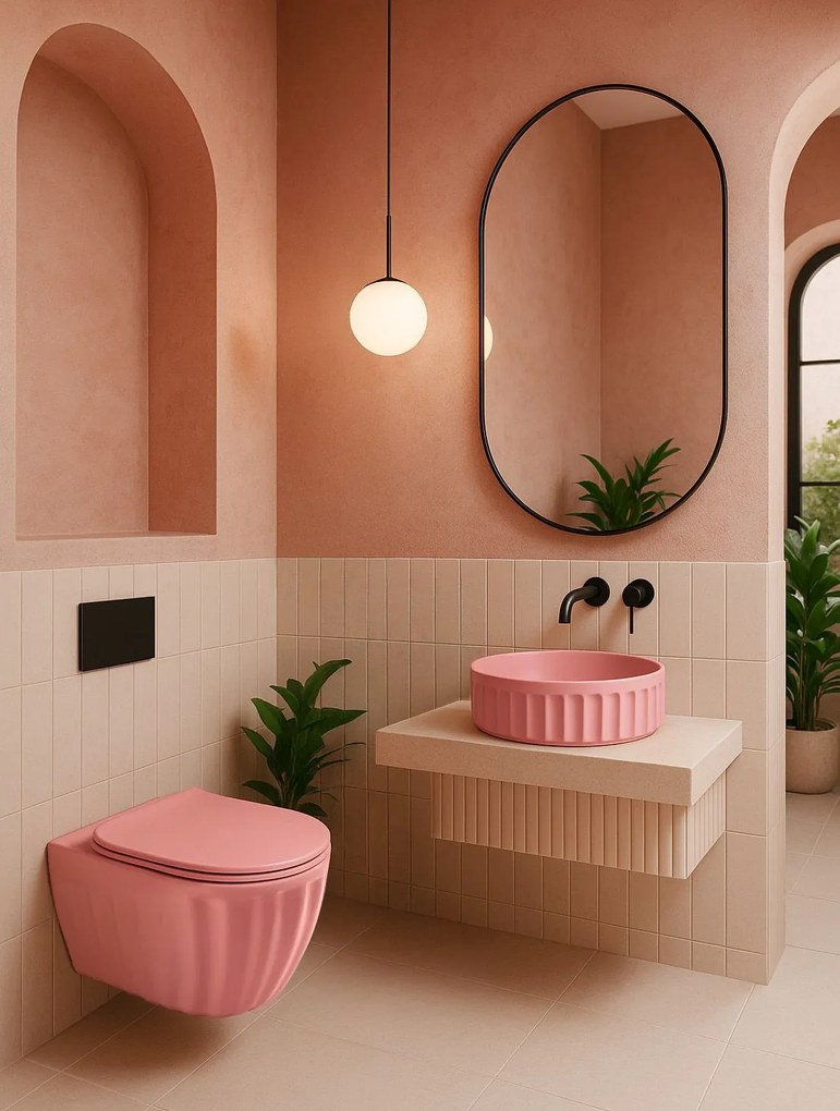 Комплект: Стенна тоалетна чиния + Мивка за плот Rea Light Pink Matt