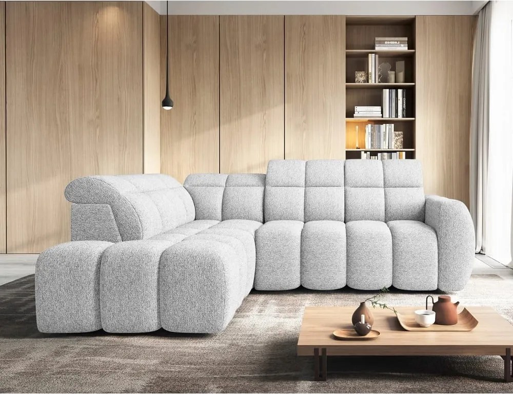 Светлосив разтегателен ъглов диван с място за съхранение от букле (ляв ъгъл L форма) Falconn – ELTAP