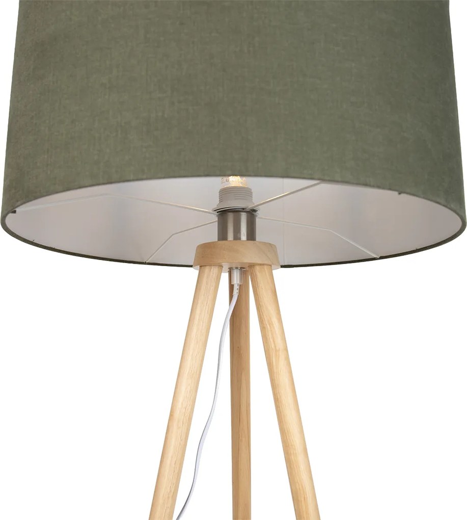 Дървена подова лампа с триножник със зелен абажур 50 см - Lou