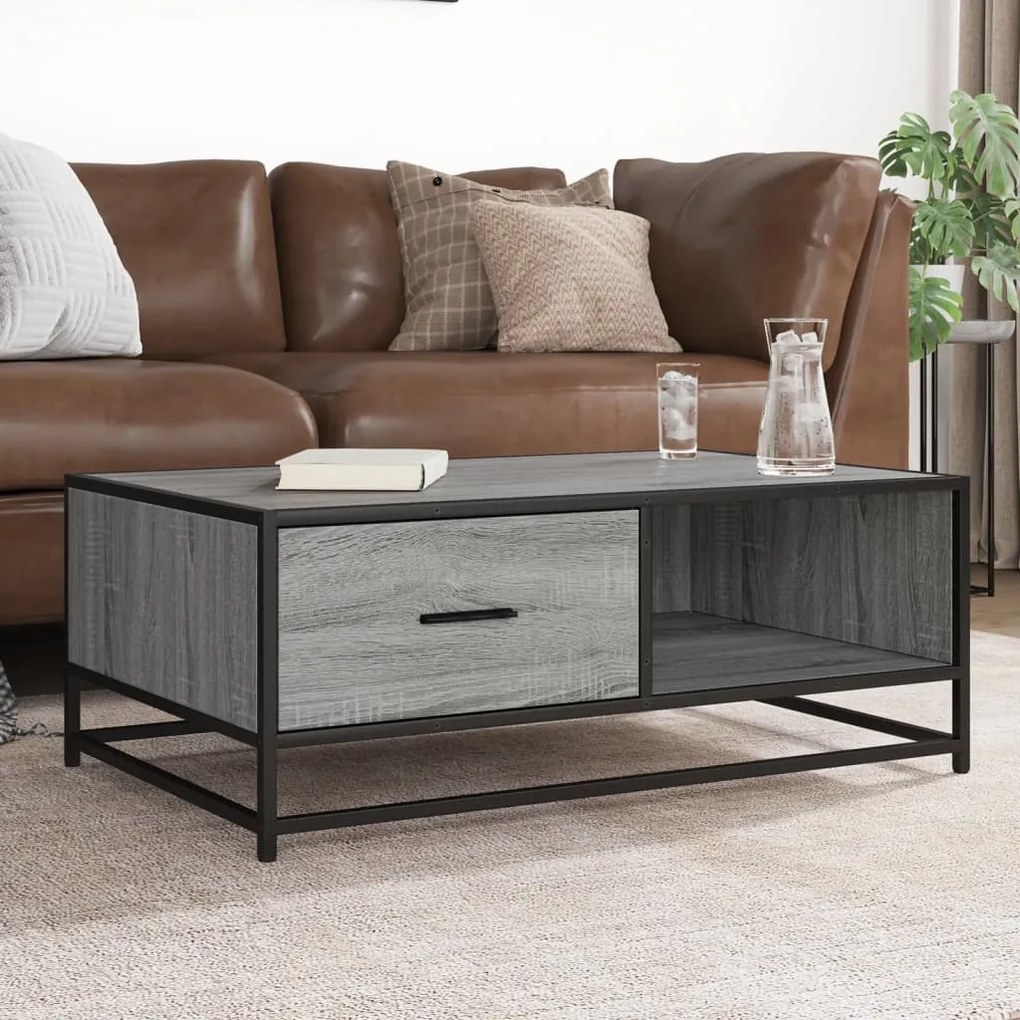 848757 vidaXL Кафе маса, сив сонома, 90x57x35 см, инженерно дърво и метал