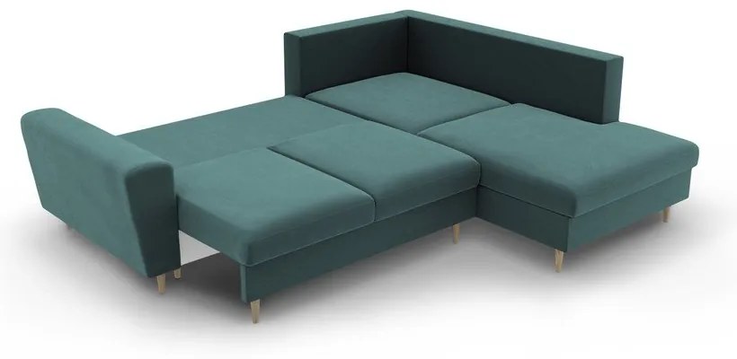 Кадифен разтегателен ъглов диван с място за съхранение в петролен цвят (десен ъгъл/L форма) Kyoto – Cosmopolitan Design