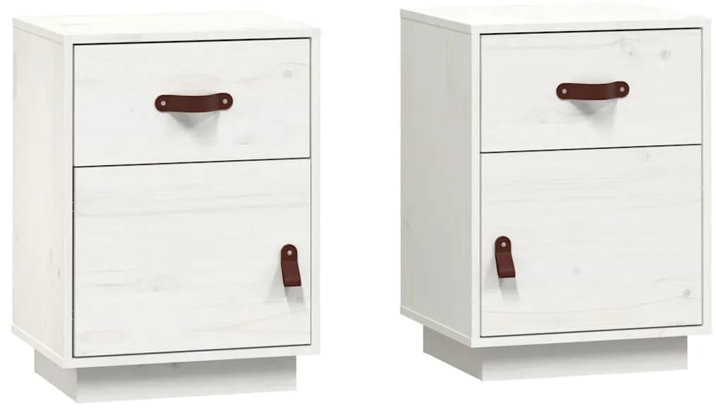 818308 vidaXL Нощни шкафчета, 2 бр, бели, 40x34x55 см, борово дърво масив