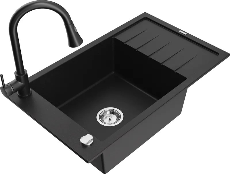 Mexen Elias кухненска мивка от гранит с 1 корито и сушилня и кухненски смесител Elia, черен - 6511-77-670101-70
