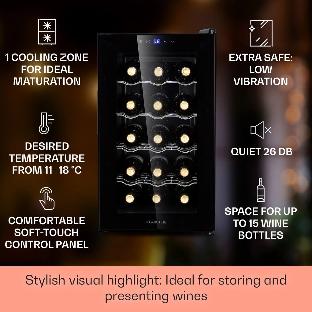 Klarstein Barolo 15 Uno, охладител за вино. 48 литра, 15 бутилки, 11-18°C, SingleZone