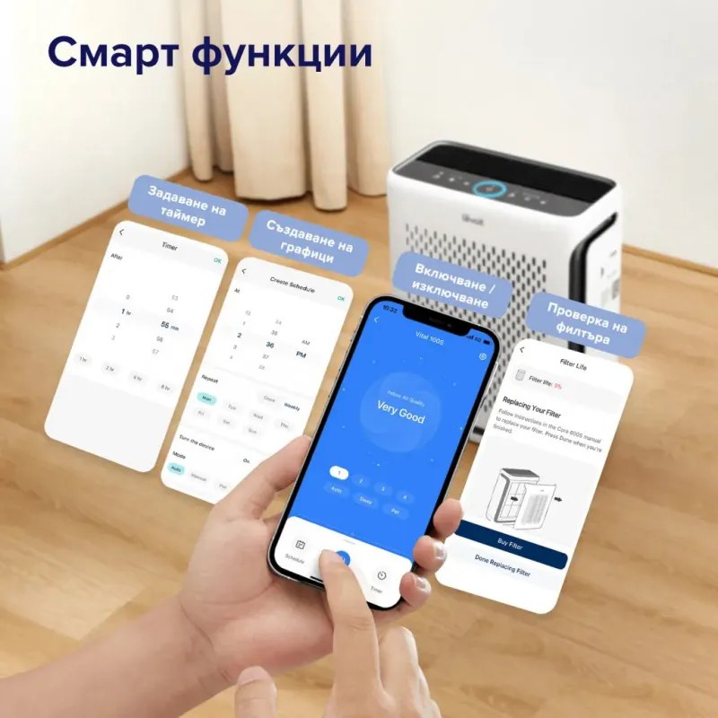 Пречиствател за въздух Levoit Vital 100S, 52 м2, Smart функции, Wi-Fi, Съвместим с Google Assistant и Amazon Alexa, Тиха работа, Таймер, Безвреден за животни, Бял