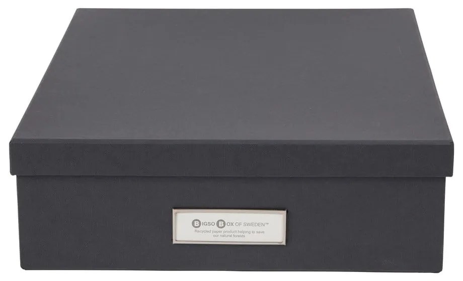 Тъмно сива кутия за съхранение с етикет за име за документи, размер A4 Oskar - Bigso Box of Sweden